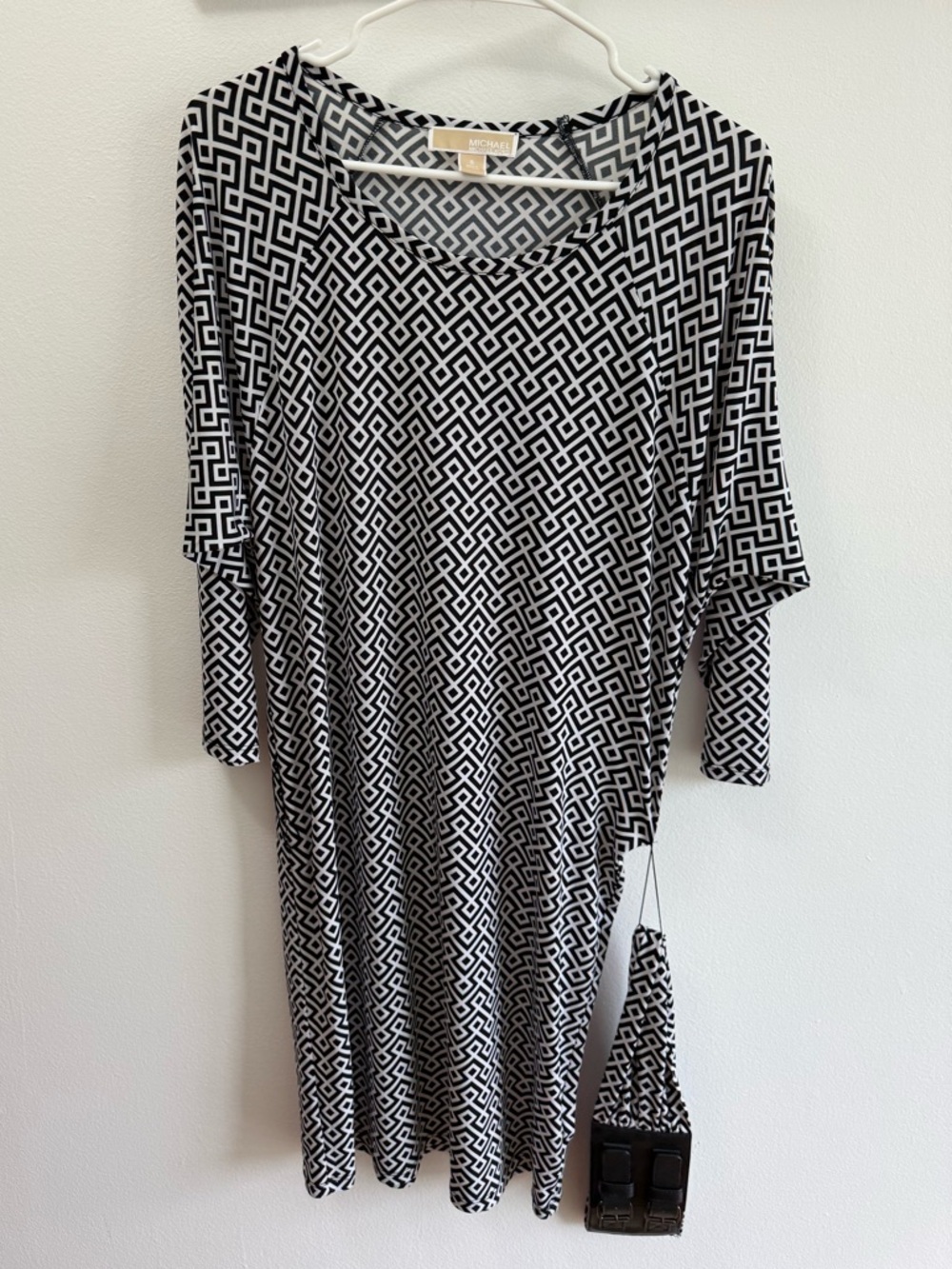 MICHAEL KORS Women’s Black White Geometric Dolman Belted Dress Sz S Long Sleeve